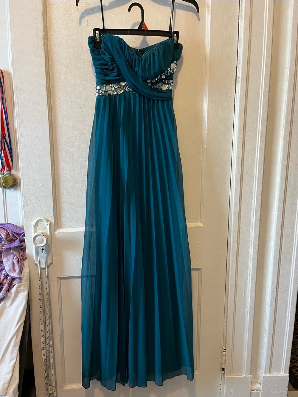 Deb Teal Strapless Chiffon Prom Gown with Jeweled Waistband